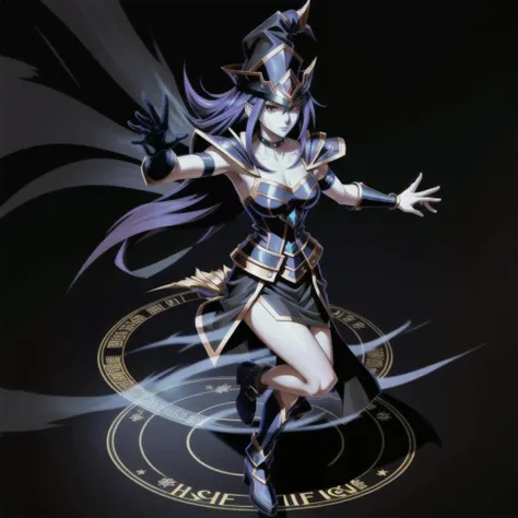 <lora:yugioh:1> (best quality:1.1), (masterpiece:1.2), anime, anime accurate, high-quality shadow, beautiful detailed, (high detailed skin, skin details), Blue skin, Black, Dark Blue robes, Black, Dark Blue tunic, Red eyes, Black, Dark Blue Cap, choker,Black, Dark Blue gloves, Black, Dark Blue Armor, Black background with Dark Blue Magic Circle, Full Body, Fusion between Dark Magician Girl, and Magician of Black Chaos or Dark Magician of Chaos, A Scepter with blue diamonds, 1girl, Solo, female, human, Black, Long hair, Yugioh style, Yugioh Monster, Highly Detailed, 5 fingers,