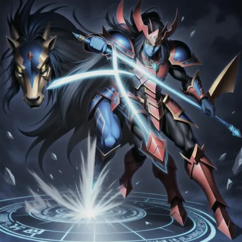 <lora:yugioh:1> (best quality:1.1), (masterpiece:1.2), anime, anime accurate, high-quality shadow, beautiful detailed, (high detailed skin, skin details), Blue Skin, Black, Red, and Blue robes, Black, Red, and Blue tunic, Yellow eyes, Black, Red, and Blue Cap, choker, Black, Red, and Blue gloves, Black, Red, and Blue Armor, Black, Red, and Blue Helmet, Black, Red, and Blue Shield, Dark Blue background with Golden Magic Circle, Full Body, Fusion between Magician of Black Chaos or Dark Magician of Chaos, and Black Luster Soldier, Long Sceptre with Diamonds, 1boy, male, human, Black and Blue hair, Long hair, Yugioh style, Yugioh Monster, Highly Detailed,
