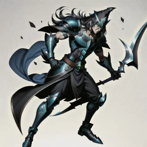 <lora:yugioh:1> (best quality:1.1), (masterpiece:1.2), high-quality shadow, beautiful detailed, (high detailed skin, skin details), Black and Blue robes, Black and Blue tunic, Green eyes, Black and Blue Cap, choker, Black and Blue gloves, white background, Full Body, dark magician, dark paladin, Magician of Black Chaos, Sorcerer of Dark Magic, Scyth, 1boy, male, human, Black hair, Long hair, Yugioh style, Yugioh Monster, Highly Detailed,