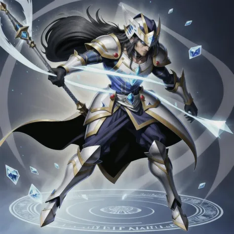 <lora:yugioh:1> (best quality:1.1), (masterpiece:1.2), high-quality shadow, beautiful detailed, (high detailed skin, skin details), Sapphire and Silver robes, Sapphire and Silver, tunic, Blue eyes, Sapphire and Silver Cap, choker, Sapphire and Silver gloves, Sapphire and Silver Armor, Sapphire and Silver Helmet, Sapphire and Silver Shield, Blue background with Magic Circle, Full Body, Fusion between Dark Magician and Black Luster Soldier, Long Sceptre with Diamonds, 1boy, male, human, Black hair, Long hair, Yugioh style, Yugioh Monster, Highly Detailed,