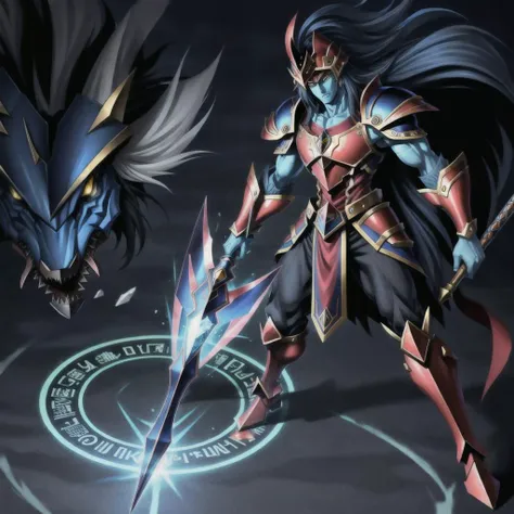 <lora:yugioh:1> (best quality:1.1), (masterpiece:1.2), anime, anime accurate, high-quality shadow, beautiful detailed, (high detailed skin, skin details), Blue Skin, Black, Red, and Blue robes, Black, Red, and Blue tunic, Yellow eyes, Black, Red, and Blue Cap, choker, Black, Red, and Blue gloves, Black, Red, and Blue Armor, Black, Red, and Blue Helmet, Black, Red, and Blue Shield, Dark Blue background with Golden Magic Circle, Full Body, Fusion between Magician of Black Chaos or Dark Magician of Chaos, and Black Luster Soldier, Long Sceptre with Diamonds, 1boy, Solo, male, human, Black and Blue hair, Long hair, Yugioh style, Yugioh Monster, Highly Detailed,