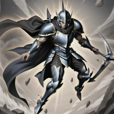 <lora:yugioh:1> (best quality:1.1), (masterpiece:1.2), Dark Blue Knight Armor, dual swords, Black Cape, Dark Blue Knight helmet, 1boy, male, solo, Sheild, full body,
