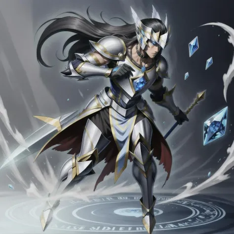 <lora:yugioh:1> (best quality:1.1), (masterpiece:1.2), high-quality shadow, beautiful detailed, (high detailed skin, skin details), Sapphire and Silver robes, Sapphire and Silver, tunic, Blue eyes, Sapphire and Silver Cap, choker, Sapphire and Silver gloves, Sapphire and Silver Armor, Sapphire and Silver Helmet, Sapphire and Silver Shield, Blue background with Magic Circle, Full Body, Fusion between Dark Paladin, and Black Luster Soldier, Long Sceptre with Diamonds, 1boy, male, human, Black hair, Long hair, Yugioh style, Yugioh Monster, Highly Detailed,
