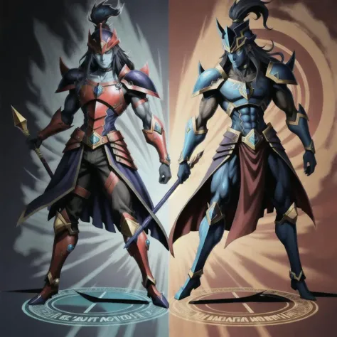 <lora:yugioh:1> (best quality:1.1), (masterpiece:1.2), anime, anime accurate, high-quality shadow, beautiful detailed, (high detailed skin, skin details), Blue Skin, Black, Red, and Blue robes, Black, Red, and Blue tunic, Yellow eyes, Black, Red, and Blue Cap, choker, Black, Red, and Blue gloves, Black, Red, and Blue Armor, Black, Red, and Blue Helmet, Black, Red, and Blue Shield, Dark Blue background with Golden Magic Circle, Full Body, Fusion between Magician of Black Chaos or Dark Magician of Chaos, and Black Luster Soldier, Long Sceptre with Diamonds, 1boy, male, human, Black and Blue hair, Long hair, Yugioh style, Yugioh Monster, Highly Detailed,