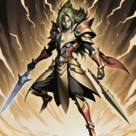 <lora:yugioh:1> (best quality:1.1), (masterpiece:1.2), high-quality shadow, beautiful detailed, (high detailed skin, skin details),Golden robes, Golden tunic, Blue eyes, Golden Cap, choker,Golden gloves, Lightning background, Full Body, dark magician, dark paladin, Chronicle Magician, Dark magician of Chaos, sceptre, Golden Armor, 1boy, male, human, green hair, Long hair, Yugioh style, Yugioh Monster, Highly Detailed,