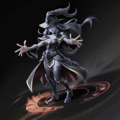 <lora:yugioh:1> (best quality:1.1), (masterpiece:1.2), anime, anime accurate, high-quality shadow, beautiful detailed, (high detailed skin, skin details), Blue skin, Black, Dark Blue robes, Black, Dark Blue tunic, Red eyes, Black, Dark Blue Cap, choker,Black, Dark Blue gloves, Black, Dark Blue Armor, Black background with Dark Blue Magic Circle, Full Body, Fusion between Dark Magician Girl, and Magician of Black Chaos or Dark Magician of Chaos, Long double bladed Sceptre 1girl, Solo, female, human, Black, Long hair, Yugioh style, Yugioh Monster, Highly Detailed, 5 fingers,