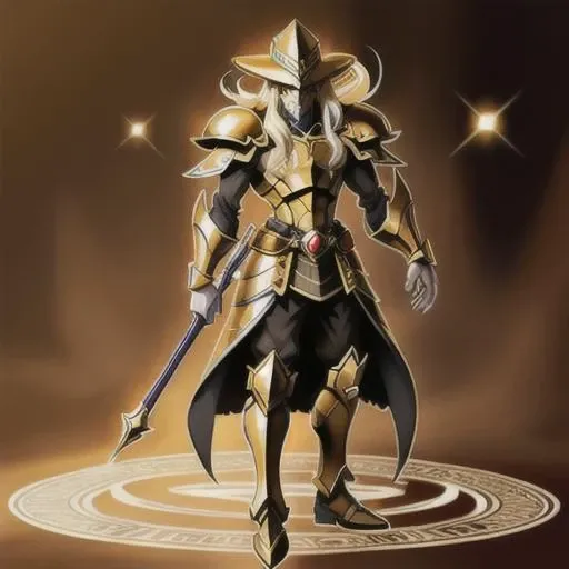 <lora:yugioh:1> (best quality:1.1), (masterpiece:1.2), anime, anime accurate, high-quality shadow, beautiful detailed, (high detailed skin, skin details), Tan skin, Black, and Gold robes, Black, and Gold tunic, Red eyes, Black, and Gold Cap, choker,Black, and Gold gloves, Black, and Gold Armor, Black, and Gold, Black, and Gold Shield, Dark Orange background with Golden Magic Circle, Full Body, Fusion between Sorcerer of Dark Magic, and Black Luster Soldier, Long Sceptre with a Crystal Ball, 1boy, Solo, male, human, Red, Long hair, Yugioh style, Yugioh Monster, Highly Detailed,