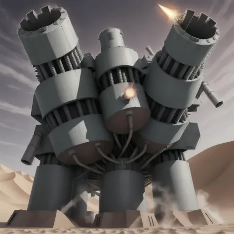 <lora:yugioh:1> a giant super tank, yugioh style, yugioh monster, treads, twin laser cannons, missile pack, Desert background,