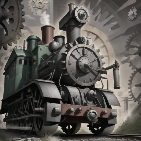 <lora:yugioh:1> Ancient Gear Steam Locomotive, gears, Clockwork, Ancient, train, Vehicle, science fiction, Yugioh style, Yugioh Monster,