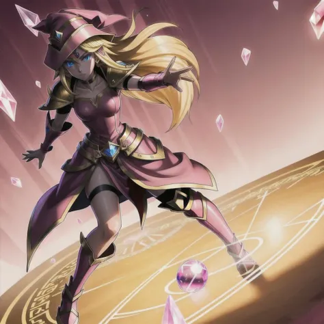 <lora:yugioh:1> (best quality:1.1), (masterpiece:1.2), anime, anime accurate, high-quality shadow, beautiful detailed, (high detailed skin, skin details), Light skin, Black, and Pink robes, Black, and Pink tunic, Blue eyes, Black, and Pink Cap, choker,Black, and Pink gloves, Black, and Pink Armor, BBlack, and Pink Shield, Pink background with Red Hearts and a  Golden Magic Circle, Full Body, Fusion between Dark Magician Girl, and Black Luster Soldier, Long Sceptre with a Crystal Ball, 1girl, Solo, female, human, Blonde, Long hair, Yugioh style, Yugioh Monster, Highly Detailed,