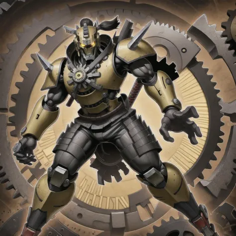 <lora:yugioh:1> an Ancient Gear Samurai,  Robot, Samuria Armor, Katana, gears, Clockwork, Glowing Yellow Eyes, science fiction,  Yugioh style,  Yugioh Monster,