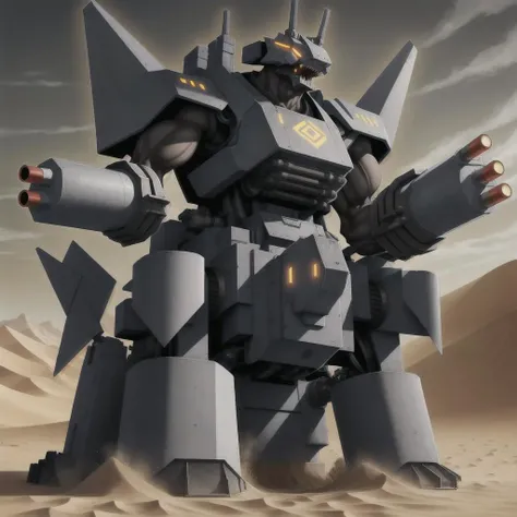<lora:yugioh:1> a giant super tank, yugioh style, Vehicle, treads, twin laser cannons, missile pack, Desert background,