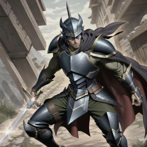 <lora:yugioh:1> (best quality:1.1), (masterpiece:1.2), Dark Blue Knight Armor, tein swords, Black Cape, Dark Blue Knight helmet, 1boy, male, solo, Sheild,