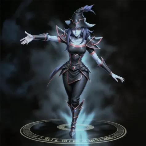 <lora:yugioh:1> (best quality:1.1), (masterpiece:1.2), anime, anime accurate, high-quality shadow, beautiful detailed, (high detailed skin, skin details), Blue skin, Black, Dark Blue robes, Black, Dark Blue tunic, Red eyes, Black, Dark Blue Cap, choker,Black, Dark Blue gloves, Black, Dark Blue Armor, Black background with Dark Blue Magic Circle, Full Body, Fusion between Dark Magician Girl, and Magician of Black Chaos or Dark Magician of Chaos, A Scepter with blue diamonds, 1girl, Solo, female, human, Black, Long hair, Yugioh style, Yugioh Monster, Highly Detailed, 5 fingers,