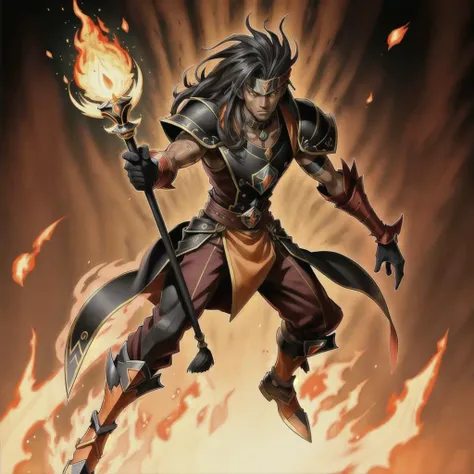 <lora:yugioh:1> (best quality:1.1), (masterpiece:1.2), high-quality shadow, beautiful detailed, (high detailed skin, skin details), Red and Black robes, Black and Red tunic, Orange eyes, Red  Cap, choker, Black gloves, Fire background, Full Body,  dark magician, dark paladin,  Magician of Black Chaos, Sorcerer of Dark Magic, Blaze Magician,  sceptre, 1boy, male, human, dark skin, Dark skinned-male,  Black hair, Orange Streaks, Long hair, Yugioh style,  Yugioh Monster,  Highly Detailed,