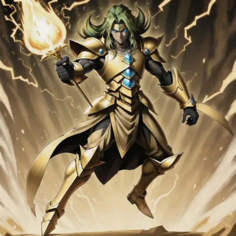<lora:yugioh:1> (best quality:1.1), (masterpiece:1.2), high-quality shadow, beautiful detailed, (high detailed skin, skin details), Golden robes, Golden tunic, Blue eyes, Golden Cap, choker,Golden gloves, Lightning background, Full Body, dark magician, Chronicle Magician, sceptre, Golden Armor, 1boy, male, human, green hair, Long hair, Yugioh style, Yugioh Monster, Highly Detailed,
