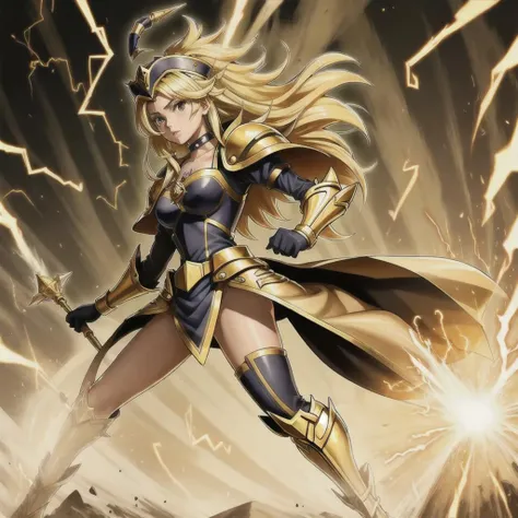 <lora:yugioh:1> (best quality:1.1), (masterpiece:1.2), high-quality shadow, beautiful detailed, (high detailed skin, skin details), Golden robes, Golden tunic, Brown eyes, Golden Cap, choker, Golden gloves, Lightning background, Full Body, dark magician girl , Chronicle Sorceress, Magician's Valkyria, Thunder Nyan Nyan, Long sceptre, Golden Armor, 1girl, female. human, Blonde hair, Long hair, Yugioh style, Yugioh Monster, Highly Detailed,