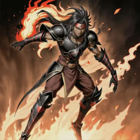 <lora:yugioh:1> (best quality:1.1), (masterpiece:1.2), high-quality shadow, beautiful detailed, (high detailed skin, skin details), Red and Black robes, Black and Red tunic, Orange eyes, Red  Cap, choker, Black gloves, Fire background, Full Body,  dark magician, dark paladin,  Blaze Magician,  sceptre, Black and red Armor,  1boy, male, human, dark skin, Dark skinned-male,  Black hair, Orange Streaks, Long hair, Yugioh style,  Yugioh Monster,  Highly Detailed,