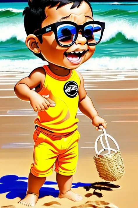 guttonerdinho01, (((cartoon))), (((Chibi))), a detailed drawing of a boy at the beach. The boy is barefoot and walking with his feet in the water. The drawing should capture the intricacies of the scene, including the textures of the sand and water, as well as the expression on the boy's face. The focus should be on creating a realistic and engaging portrayal of this simple yet joyful moment at the beach.