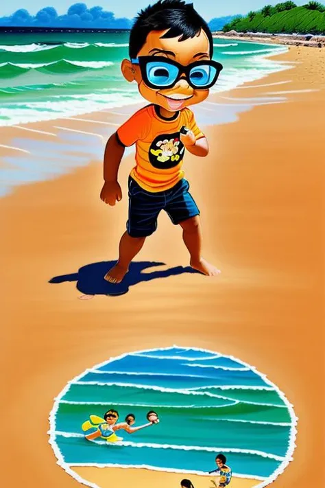 guttonerdinho01, (((cartoon))), (((Chibi))), a detailed drawing of a boy at the beach. The boy is barefoot and walking with his feet in the water. The drawing should capture the intricacies of the scene, including the textures of the sand and water, as well as the expression on the boy's face. The focus should be on creating a realistic and engaging portrayal of this simple yet joyful moment at the beach.