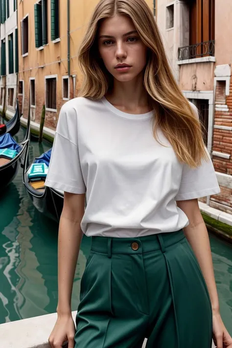 <lora:kawaii7.1.3_obj20:0.75:0.25>, European woman, closeup, (shirt), pants, (venice canals), (), ZM_fien, wide shoulders, perfect face, (contact iris: 1.1), pale skin, skin pores , depth of field