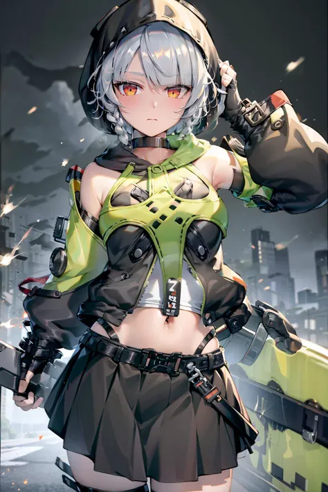 masterpiece, best quality,1girl, solo, skirt, hood, weapon, gloves, black skirt, yellow eyes, fingerless gloves, black gloves, pleated skirt, choker, jacket, navel, short hair, closed mouth, looking at viewer, hood up, midriff, bare shoulders, bangs, sleeveless, hair between eyes, grey hair, breasts, crop top, explosive, detached sleeves, green hoodie, cowboy shot, gun