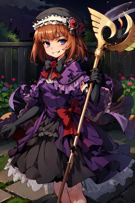 masterpiece,best quality,1girl,eva beatrice,blue eyes,medium hair,bowtie,purple dress,floor-length dress,(ushiromiya staff),elbow gloves,frills,hat,purple cloak,red ribbon,evil grin,garden,night,cowboy shot,<lora:EvaBeatrice:0.8>,
