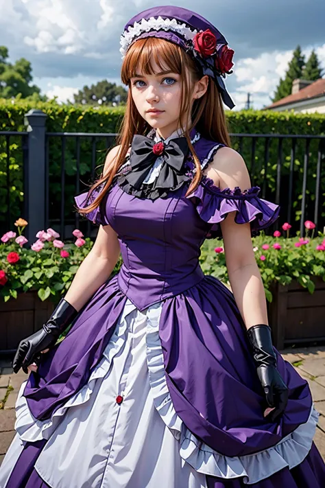 (masterpiece),(best quality), <lora:EvaBeatrice:0.5>, eva beatrice, blue eyes, solo, ushiromiya staff, bowtie, purple dress, elbow gloves, frills, hat, purple cloak, red ribbon, rose, garden, mansion, cloudy weather, fense, flower, a woman