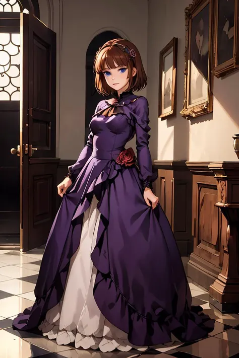 (masterpiece, best quality), 1girl, <lora:EvaBeatrice:0.8> eva beatrice, blue eyes, medium hair, purple dress, floor-length dress,