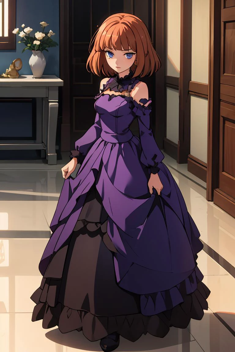 (masterpiece, best quality), 1girl, <lora:EvaBeatrice:0.8> eva beatrice, blue eyes, medium hair, purple dress, floor-length dress,