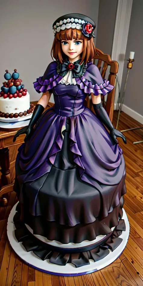 <lora:WhippedCreamTopStyle:0.2> WhippedCreamTopStyle,(CakeStyle:1.76) <lora:EvaBeatrice:0.85> dress,Marzipan pink cake shaped like eva beatrice dress. <lora:CakeStyle:0.6>, blue eyes, medium hair, bowtie, purple dress, (floor-length dress:1.5), elbow gloves, frills, hat, purple cloak, red ribbon,(white background, simple background:1)
BREAK
smug face, looking at viewer,(gigantic breasts:1)
