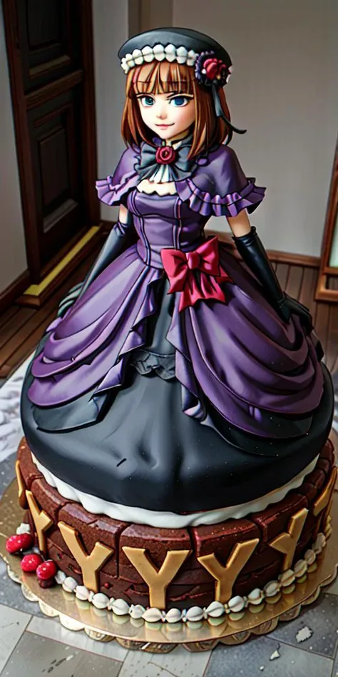 <lora:WhippedCreamTopStyle:0.2> WhippedCreamTopStyle,(CakeStyle:1.76) <lora:EvaBeatrice:0.85> dress,Marzipan pink cake shaped like eva beatrice dress. <lora:CakeStyle:0.6>, blue eyes, medium hair, bowtie, purple dress, (floor-length dress:1.5), elbow gloves, frills, hat, purple cloak, red ribbon,(white background, simple background:1)
BREAK
smug face, looking at viewer,(gigantic breasts:1)