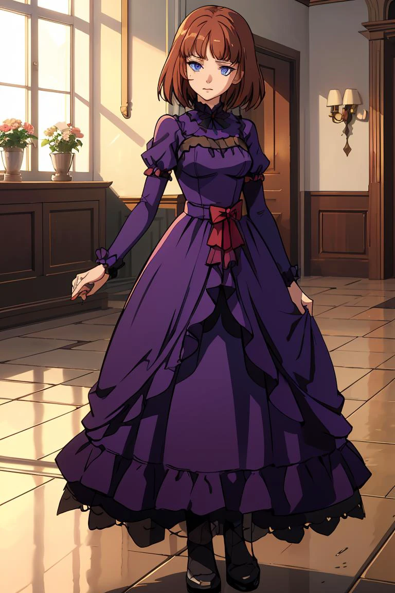 (masterpiece, best quality), 1girl, <lora:EvaBeatrice:0.8> eva beatrice, blue eyes, medium hair, purple dress, floor-length dress,