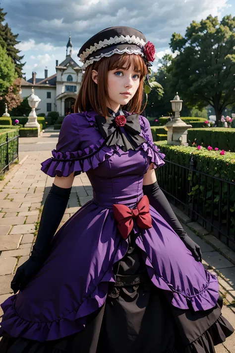 <lora:EvaBeatrice:0.7>eva beatrice, blue eyes, solo, ushiromiya staff, bowtie, purple dress, elbow gloves, frills, hat, purple cloak, red ribbon, rose, garden, mansion, cloudy weather, fense, flower, a woman