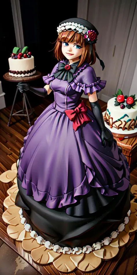 <lora:WhippedCreamTopStyle:0.2> WhippedCreamTopStyle,(CakeStyle:1.76) <lora:EvaBeatrice:0.85> dress,Marzipan pink cake shaped like eva beatrice dress. <lora:CakeStyle:0.6>, blue eyes, medium hair, bowtie, purple dress, (floor-length dress:1.5), elbow gloves, frills, hat, purple cloak, red ribbon,(white background, simple background:1)
BREAK
smug face, looking at viewer,(gigantic breasts:1)