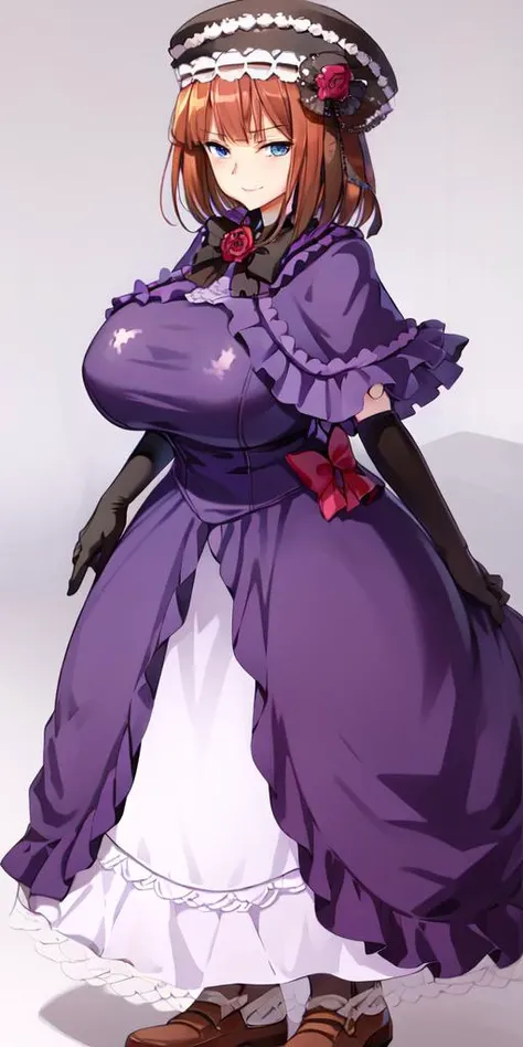 (masterpiece),(best quality), <lora:EvaBeatrice:1>, eva beatrice, blue eyes, medium hair, bowtie, purple dress, floor-length dress, elbow gloves, frills, hat, (purple cloak:1), red ribbon,(black boots:0.5), expressionless, (white background, simple background,full body:1),(gigantic breasts:1),<lora:SweaterBreasts:0.5>,(latex:1.5)