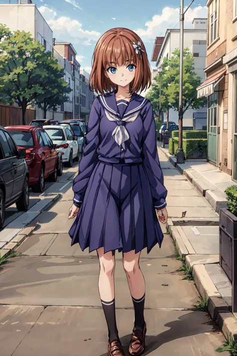 masterpiece,best quality,1girl,eva beatrice,blue eyes,medium hair,orange hair,blue cardigan,loafers,school skirt,serafuku,socks,white ribbon,sitting on stone floor,blue sky,expressionless,<lora:EvaBeatrice:0.8>,<lora:Concept-control tool-add_detail-CyberAIchemist:0.6>,