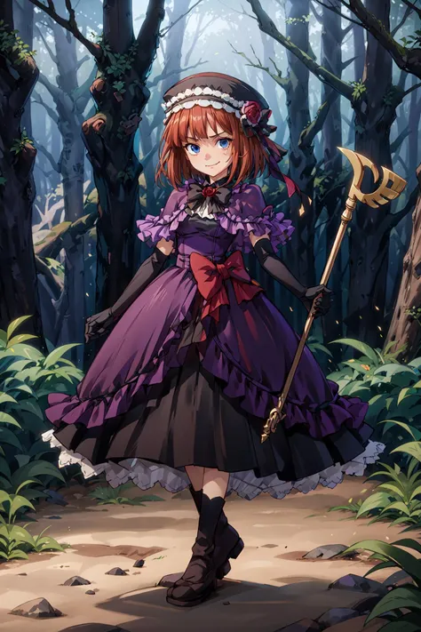 (masterpiece),(best quality), <lora:EvaBeatrice:0.9>, eva beatrice, blue eyes, medium hair, bowtie, purple dress, floor-length dress,  ushiromiya staff, elbow gloves, frills, hat, purple cloak, red ribbon,  black boots, smug face, dark forest, forest, dirt path, night, <lora:Adddetail:0.8>