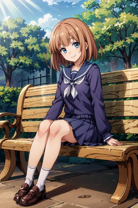 (masterpiece),(best quality), <lora:EvaBeatrice:0.8>, eva beatrice, blue eyes, (white ribbon), blue cardigan, school skirt, serafuku, loafers, black socks, , looking at viewerbench, sitting, (park), nature, promenade, smile, sun, sunlight, <lora:Adddetail:0.7>