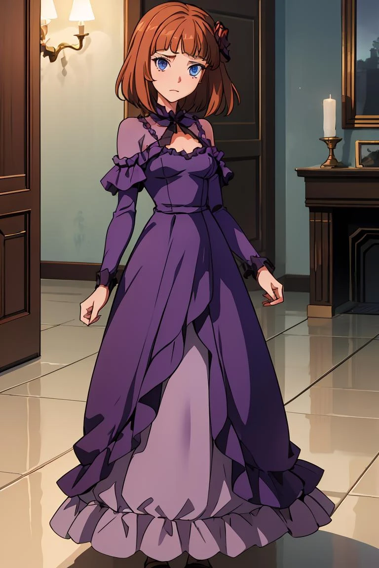 (masterpiece, best quality), 1girl, <lora:EvaBeatrice:0.8> eva beatrice, blue eyes, medium hair, purple dress, floor-length dress,