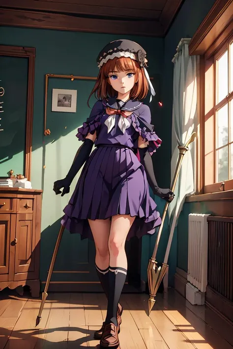 (masterpiece, best quality), 1girl,   <lora:EvaBeatrice:0.8> eva beatrice,  ushiromiya staff, elbow gloves, frills, hat, purple cloak, red ribbon, black boots, blue cardigan, loafers, school skirt, serafuku, socks, white ribbon