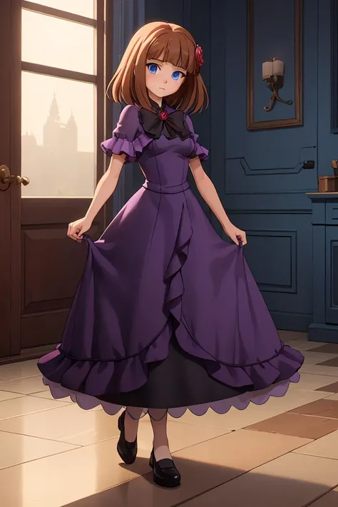 (masterpiece, best quality), 1girl, <lora:EvaBeatrice:0.8> eva beatrice, blue eyes, medium hair, purple dress, floor-length dress,