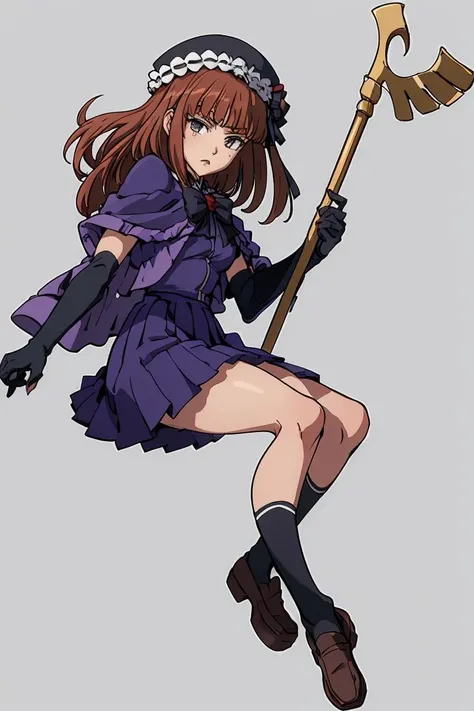 (masterpiece, best quality), 1girl, <lora:EvaBeatrice:0.8> eva beatrice, ushiromiya staff, elbow gloves, frills, hat, purple cloak, red ribbon, black boots, blue cardigan, loafers, school skirt, serafuku, socks, white ribbon