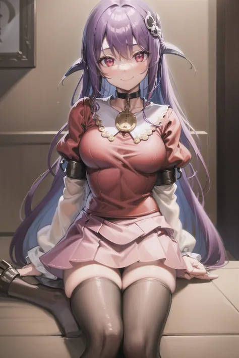 illustration, (masterpiece:1.3), best quality, ultra-detailed, <lora:Haqua V4:0.6>, <lora:acrossTableConcept_v10:1>, 1girl, haqua d'rot herminium, smile, elbows on table, purple hair, white ahoge, red school uniform, indoors, cake, upper body, red eyes, pink skirt, skull hair ornament, chained choker