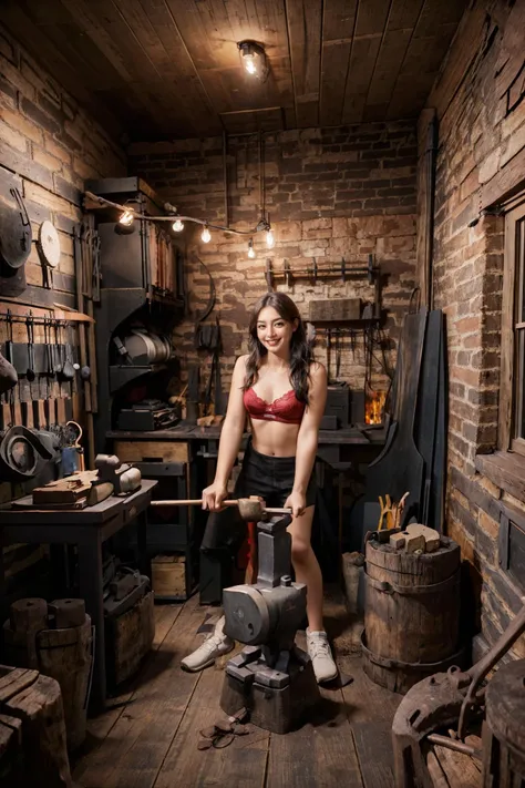 35mm photograph,1girl wear a red bra in the DW13BSWS,smile, blacksmithing forge,fire,a bunch of tools, metal felt, horseshoe, hammer, wrench, ladder, sign, rim lighting, studio lighting,dslr,ultra quality, sharp focus, tack sharp, film grain, Fujifilm XT3, crystal clear, 8K UHD, highly detailed glossy eyes, high detailed skin, skin pores, <lora:polyhedron_new_skin_v1.1:0.3> ,<lora:epi_noiseoffset2:1>,<lora:zoom_slider_v1:-3> , <lora:dw13blacksmithshop-v1:0.7> ,<lora:zoom_slider_v1:0>