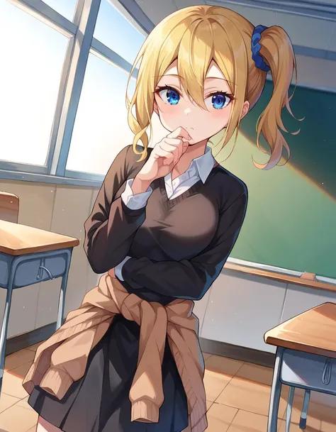 score_9, score_8_up, score_7_up, source_anime,
aihayasaka, <lora:ai-hayasaka-ponyxl-lora-nochekaiser:1>,
ai hayasaka, bangs, blue eyes, blonde hair, hair ornament, hair between eyes, sidelocks, side ponytail, scrunchie, hair scrunchie, blue scrunchie,
shirt, long sleeves, school uniform, shoes, socks, sweater, cardigan, black socks, clothes around waist, shuuchiin academy school uniform, sweater around waist, cardigan around waist,
indoors, classroom,
looking at viewer, cowboy shot, dutch angle,