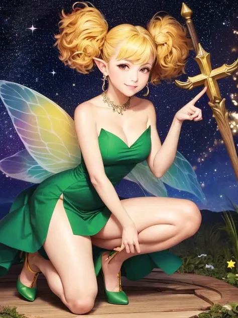 ((masterpiece)),((best quality)),1girl,  <lora:tiki:0.8>,tiki,  (smile), starry sky,   (perfect hand:1.3),<lora:360.3>, gesture, earrings,shining stars,full body, green dress, wooden staff,one knee,