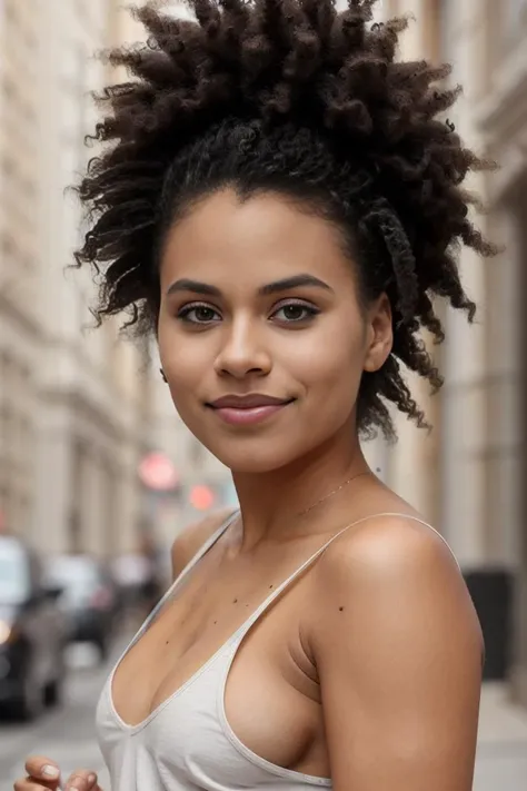 photo of beautiful caucasian woman, zazie <lora:zazie2:0.8>, white shirt, photorealistic, afro bun, absurdres,