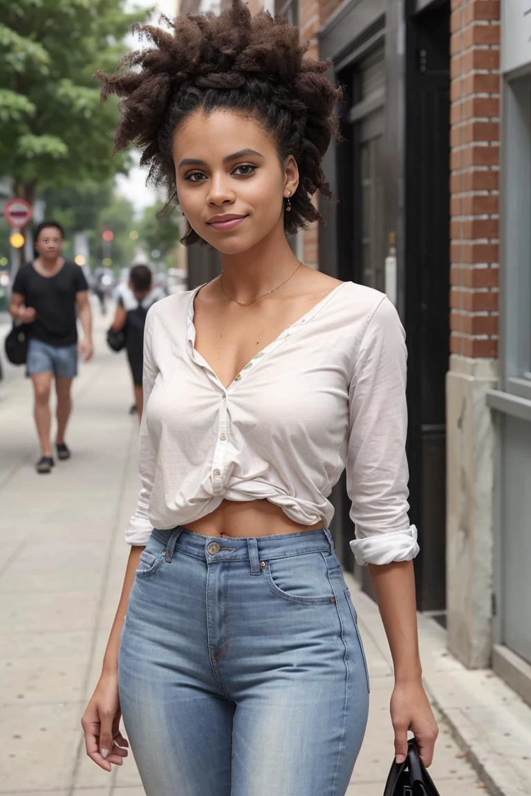 photo of beautiful caucasian woman, zazie <lora:zazie2:0.8>, photorealistic, afro bun, absurdres, white shirt, jeans, street