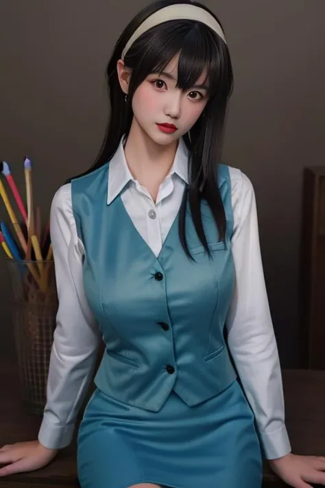 best quality, masterpiece,real,realistic, photo,photorealistic,cowboy shot, looking at viewer, 
1girl,yor forger,office suit,vest, collared shirt, pencil skirt, hairband, 
<lora:yor forger_v2_01:0.8><lora:chilloutmixss20_v20:0.4>